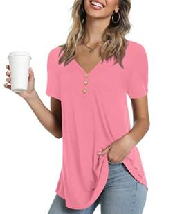 AWULIFFAN Damen-Sommer-Tunika, kurzärmelig, lockere Passform, lässiges T-Shirt, Knopfleiste, 09 Pink, 4X-Groß von AWULIFFAN
