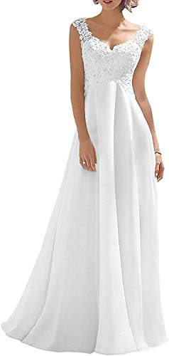 AWUPBDKR Huini Lang Brautkleid V-Ausschnitt Standesamt Hochzeitskleid für Damen Vintage Spitze Brautmode Maxikleid, Weiß, 52 von AWUPBDKR