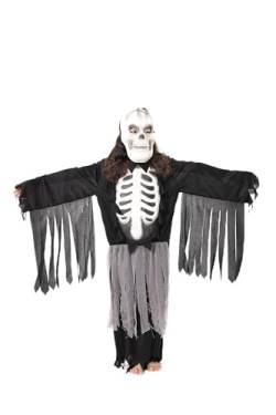 AXDUWAB Kinder-Skelett-Umhang-Halloween-Kostüm, schwarzes Sensenmann-Skelett-Kostüm, Skelett-Maske-Kopf-Kostüme, Tag der Toten Party Cosplay Totenkopf-Kostüm, Unisex-Kinder(M) von AXDUWAB