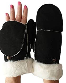 AXELENS Warme Handschuhe Frauen Winter Zu Öffnende Fäustlinge Elegant Komfortable Eco Wildleder S/M SCHWARZ von AXELENS