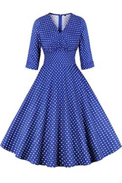 AXOE Damen 1960er Retro Pin up Kleid für Hochzeitsgast Baumwolle Langarm Winterkleid Blaues mit Weiß Gepunktetes, Gr.36, S von AXOE