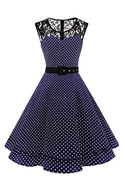 AXOE Damen 50er Jahre Kleid Retro Gepunktetes mit Gürtel Elegant Abendkleid Navy Gr.36, M von AXOE