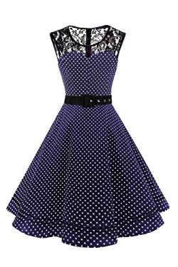 AXOE Damen 50er Jahre Kleid Retro Gepunktetes mit Gürtel Elegant Abendkleid Navy Weiß Polka Dots, Gr.34, S von AXOE