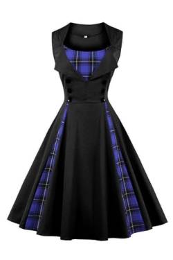 AXOE Damen 50er Jahre Kleid Rockabilly Elegant Festliche Cocktailkleid Partykleider Vintage für Hochzeit Knielang Schwarz mit Blau Tartan Muster, Gr.36, S von AXOE