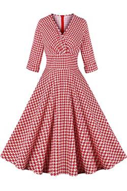 AXOE Damen 50er Jahre Kleid Rockabilly Vintage Festliches 3/4 Langarm Hahnentritt Rot F03, Gr.38, M von AXOE