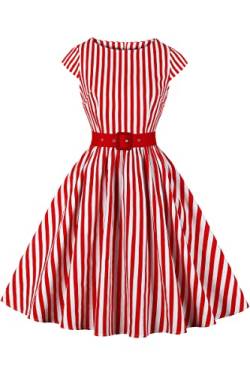 AXOE Damen 50er Jahre Kleid Rockabilly mit Gürtel Rot Gestreift Weiß Gr. 40, L von AXOE