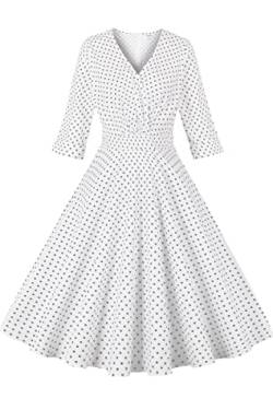 AXOE Damen 60er Jahre Kleid Rockabilly 3/4 Langarm Weiß mit Schwarz Gepunktete, Gr.40, L von AXOE