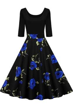 AXOE Damen 60er Jahre Kleid Vintage Festliches 3/4 Ärmel 50er Jahre Outfit Schwarz mit Blau Rosenmuster F10B, Gr.40, L von AXOE