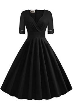 AXOE Damen 60er Jahre Kleid mit 3/4 Ärmel Vintagte Festliches Cocktailkleid Abendkleid Einfarbig Schwarz, Gr.36, S von AXOE