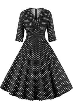 AXOE Damen 60er Jahre Kleid mit 3/4 Ärmel Vintagte Festliches Cocktailkleid Abendkleid Schwarz mit Weiß Gepunktetes, Gr.46, 3XL von AXOE