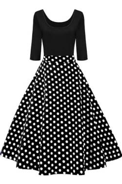 AXOE Damen 60ziger Jahre Kleid Vintage Festliches 3/4 Ärmel 50er Jahre Outfit Schwarz mit Weiß Polka Dots, Gr.36, S von AXOE
