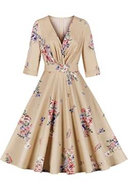 AXOE Damen Festliche Kleid 50er Jahre Vintage Rockabilly 3/4 Langarm mit Blumenmuster F05, Gr.36, S von AXOE