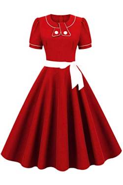 AXOE Damen Festliches Kleid A-Linie Kurzarm mit Abnehmbarem Gürtel Elegant Abendkleid für Hochzeitsgäste Rot, Gr.40, XL von AXOE