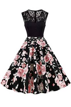 AXOE Damen Leichtes Sommerkleid mit Spitze Vintage Kleid 50er Jahre Schwarzeskleid Blumen, Farbe 08, Gr.40, XL von AXOE