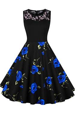 AXOE Damen Retro Kleid 50er Jahre Rockabilly A-Linie Blumenkleid Schwarz mit Rosenmuster F3B, Gr.36-38, M von AXOE