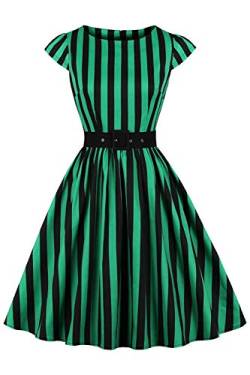 AXOE Damen Retro Kleid Gestreift Halloween Cocktailkleid 50er Jahre Knielang mit Gürtel Grün Schwarz Streifen Gr.40, XL von AXOE