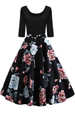 AXOE Damen Rockabilly Kleid Langarm 60er Jahre mit Blumenmuster Partykleid Farbe 6B, Gr.40, L von AXOE