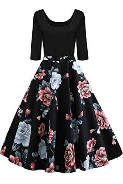 AXOE Damen Rockabilly Kleid Langarm 60er Jahre mit Blumenmuster Partykleid Farbe 6B, Gr.42, XL von AXOE