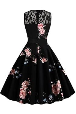 AXOE Damen Rockabilly Kleider Elegante 1950er Vintagekleid für Hochzeit Ärmellos Schwarz mit Blumen, F04, Gr.38, L von AXOE