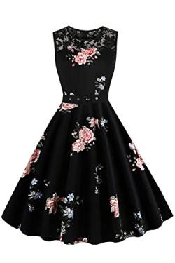 AXOE Damen Rockabilly Kleider Elegante 1950er Vintagekleid für Hochzeit Ärmellos Schwarz mit Blumen, F04, Gr.42, XXL von AXOE