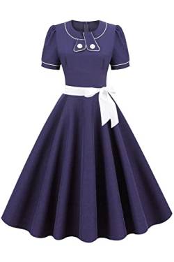 AXOE Damen Rockabilly Kleider Festliche A Linie Kurzarm mit Gürtel Abendkleid für Hochzeit Marineblau, Gr.44, 3XL von AXOE