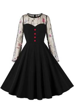 AXOE Damen Rockabilly Kleider Vintage 50er Jahre Stil Langarm Schwarz Tüll Kleid mit Blumenstickerei F01, Gr.42, XL von AXOE