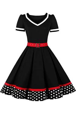 AXOE Damen Rockabillykleider 50er Jahre Stil Vintage Kleidung Knielang Schwarz mit Weiß Polka Dots B2, Gr.32, XS von AXOE