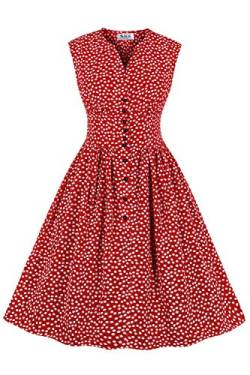 AXOE Damen Sommerkleid Vintage 50er Jahre Blumen Knöpfe vorne Rot mit Weiß, F03, Gr.48, 3XL von AXOE