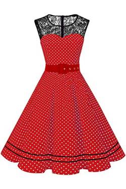 AXOE Damen Swing Kleid Rockabilly Vintage Polka Dot Spitzen Rot mit Weiß Gepunktet Gr.46, 4XL von AXOE