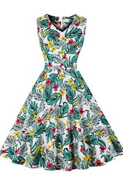 AXOE Damen Vintage Kleid 50er Jahre Pin up Rockabilly für Sommer mit Blumen Armellos F8B, Gr.44-46, 3XL von AXOE