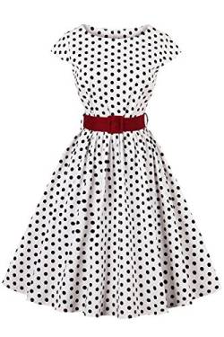 Axoe Damen 50er Jahre Audrey Hepburn Vintage Kleid Rockabilly Cocktail Partykleid Polka Dot- Gr. L (40), Weiß von AXOE