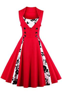 Axoe Damen 50er Jahre Cocktailkleid Rockabilly Elegantes Faltenrock Festliches Partykleider Vintage Kleid Audrey Hepburn Abendkleider mit Polka Dots Knielang, Rot-blumen, 2XL (46 EU) von AXOE