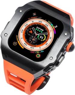 AXPTI Edelstahl-Uhrengehäuse, fluororiertes Gummiband, Mod-Kit, für Apple Watch Serie Ultra 2, 49 mm Ersatz, stoßfester Metallrahmen, Uhrengehäuse, Uhrenarmband, Schließe Zubehör, 49 mm, Achat von AXPTI