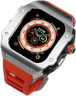 AXPTI Edelstahl-Uhrengehäuse, fluororiertes Gummiband, Mod-Kit, für Apple Watch Serie Ultra 2, 49 mm Ersatz, stoßfester Metallrahmen, Uhrengehäuse, Uhrenarmband, Schließe Zubehör, 49 mm, Achat von AXPTI