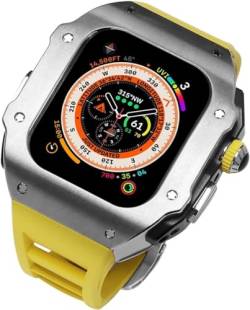 AXPTI Edelstahl-Uhrengehäuse, fluororiertes Gummiband, Mod-Kit, für Apple Watch Serie Ultra 2, 49 mm Ersatz, stoßfester Metallrahmen, Uhrengehäuse, Uhrenarmband, Schließe Zubehör, 49 mm, Achat von AXPTI