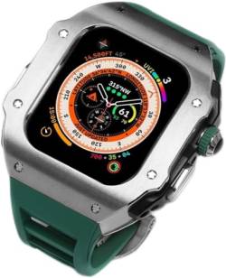 AXPTI Edelstahl-Uhrengehäuse, fluororiertes Gummiband, Mod-Kit, für Apple Watch Serie Ultra 2, 49 mm Ersatz, stoßfester Metallrahmen, Uhrengehäuse, Uhrenarmband, Schließe Zubehör, 49 mm, Achat von AXPTI