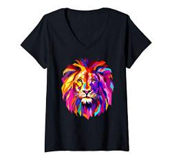Damen Cooles Löwenkopf-Design mit hellem buntem T-Shirt mit V-Ausschnitt von AXZ Tee Lion Serie