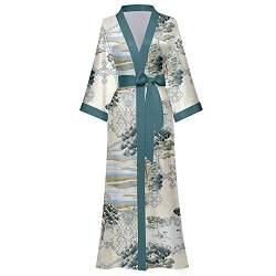 AXZDTH Damen Morgenmantel Maxi Lang Satin Kimono Robe Blumen Seidiger Bademantel Bathrobe Schlafmantel Einheitsgröße Lange Robe Schlafmantel Girl Pajama Party Brautdusche Damen Geschenk von AXZDTH