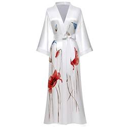 AXZDTH Damen Morgenmantel Maxi Lang Satin Kimono Robe Blumen Seidiger Bademantel Bathrobe Schlafmantel Einheitsgröße Lange Robe Schlafmantel Girl Pajama Party Brautdusche Damen Geschenk von AXZDTH