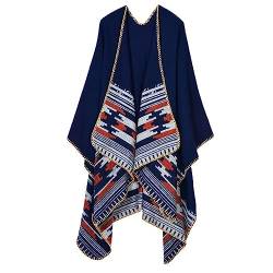 AXZDTH Damen Schal Wrap Poncho Vintage übergangsjacke Farbblocking Schal Wrap Open Front Poncho Übergroße Outwear Winterdecke Elegant Cape Coat Cardigan Pullover Decke für Frühling Herbst Winter von AXZDTH