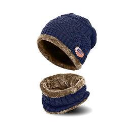 AYAMAYA Kinder Mütze Beanie und Schal Set - (5-14 Jahre) Warme Wintermütze Strickmütze Beanie für Jungen Mädchen, Fleecefutter (Blau) von AYAMAYA
