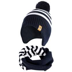 Mütze und Loop Schal Kinder Set- (3-8 Jahre) Mütze Jungen Wintermütze Schlauchschal Kinder Mütze mit Bommel Ohrenklappen Winter Bommelmütze Kindermützen Ski Beanie Hut Geschenk für Jungen Mädchen von AYAMAYA