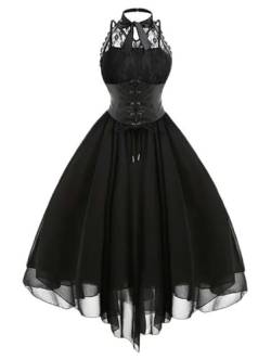 2023 Neue Vintage Gothic Dark Neckholder Rückenfreie Kleider Punk Lace Up Hohe Taille Damen Kleidung Viktorianisches Ball Bown Rock Korsett Kleid-Schwarz-L von AYAZER