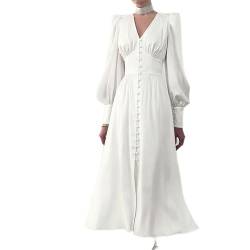 AYAZER Herbst Neues Satinkleid Damen Design Sensationelle Laternenärmel Taille Abnehmen Schlankes Kleid-Weiß-L von AYAZER