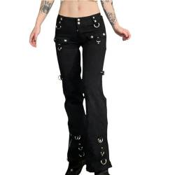 AYAZER Neue Retro Gothic Damen Lose Jeans Ästhetischer Reißverschluss Dark College Streetwear Punk Casual Denim Hose Schlaghose-Schwarz-L von AYAZER