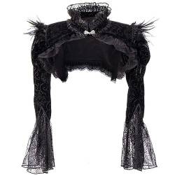 AYAZER Schwarze viktorianische Gothic-Bolero-Damenjacke mit Federn, Stehkragen, Langen Ärmeln, Spitze und Cordjacken-Schwarz-XXL von AYAZER