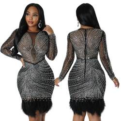 AYAZER Sexy durchsichtiges Strass-Langarmkleid, europäisches und amerikanisches Mode-Party-Abendkleid, Schwarz, XL von AYAZER