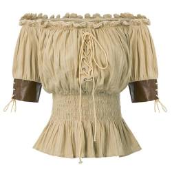 AYAZER Vintage-Bluse für Damen, Retro-Steampunk-Oberteil, viktorianisch, halbärmelig, schulterfreie Hemden, koreanische süße lockere Kleidung, Khaki-M von AYAZER