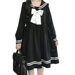 AYAZER schwarzes Lolita-Kleid für Damen, Schleife, Patchwork, lockerer japanischer Preppy-Stil, Matrosenkragen, Kawaii-Langarmkleid, JK-Mädchen-Outfit-Schwarz-M von AYAZER