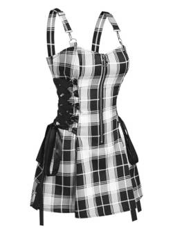 Dark Gothic Damen Kariertes Kleid Hohe Taille Slim Fit Retro Punk Harajuku Lolita Ärmelloses Streetwear Sexy A-Linie Minikleid-Schwarz-XXL von AYAZER